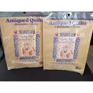 (2) Antiqued Quilts Stitchable Collection Kits 6" x 8" Mini Quilt Cat Love Vtg